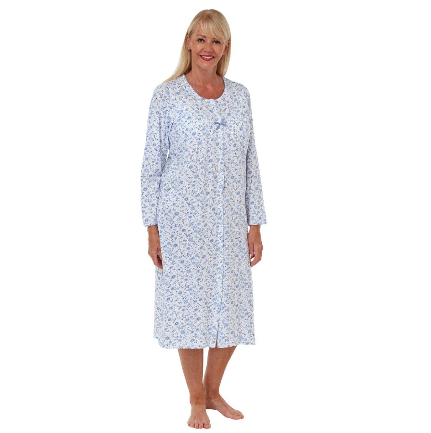 100% Jersey Cotton Button Through Long Sleeve Daydreamer  Nightdress - Denim - 24/26