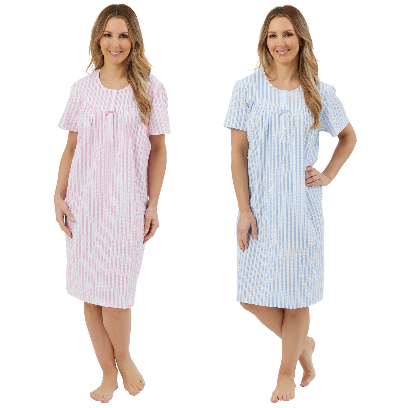 100% Cotton Short Sleeve 40" Seersucker Stripe Nightdress