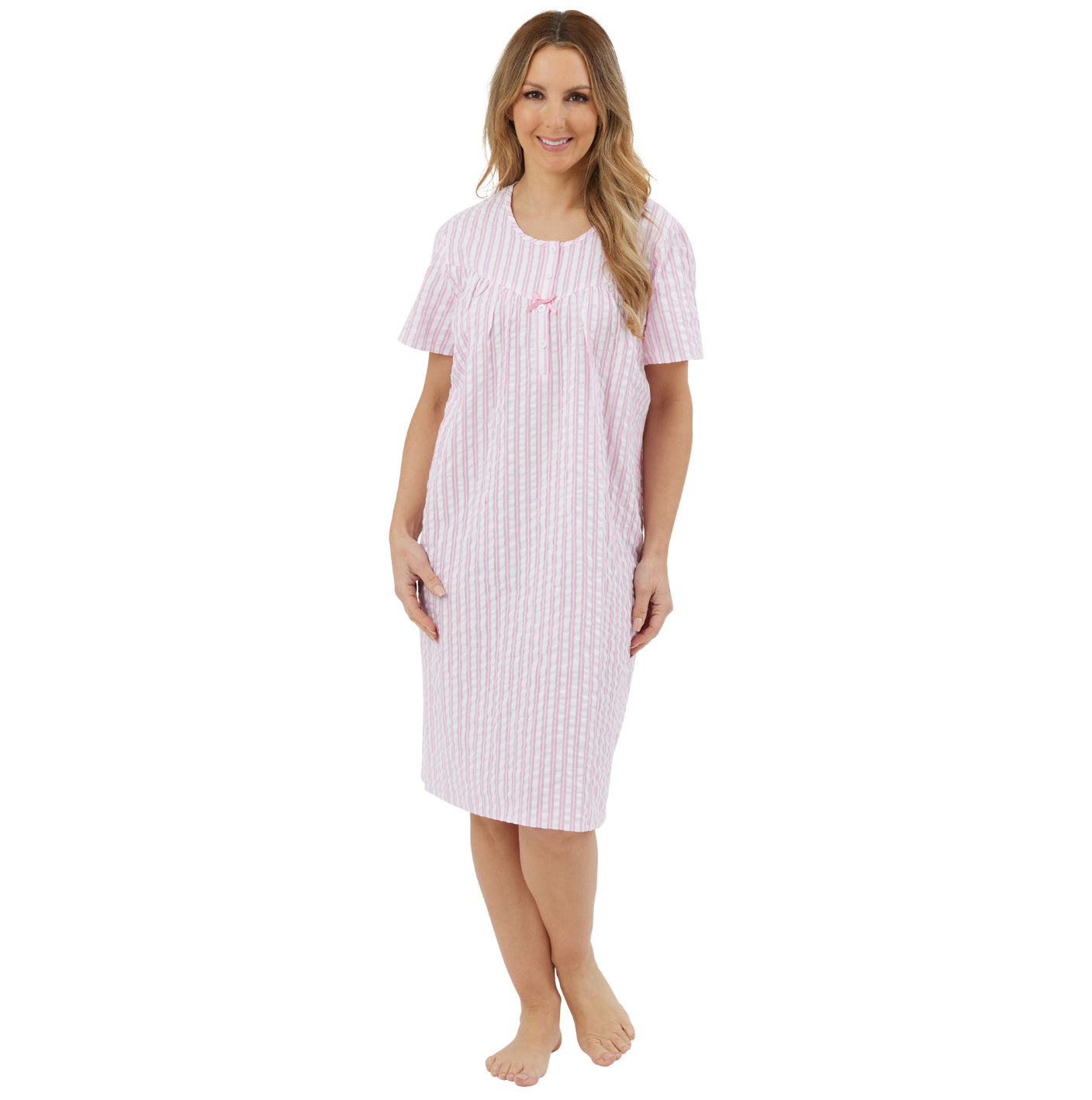 100% Cotton Short Sleeve 40" Seersucker Stripe Nightdress