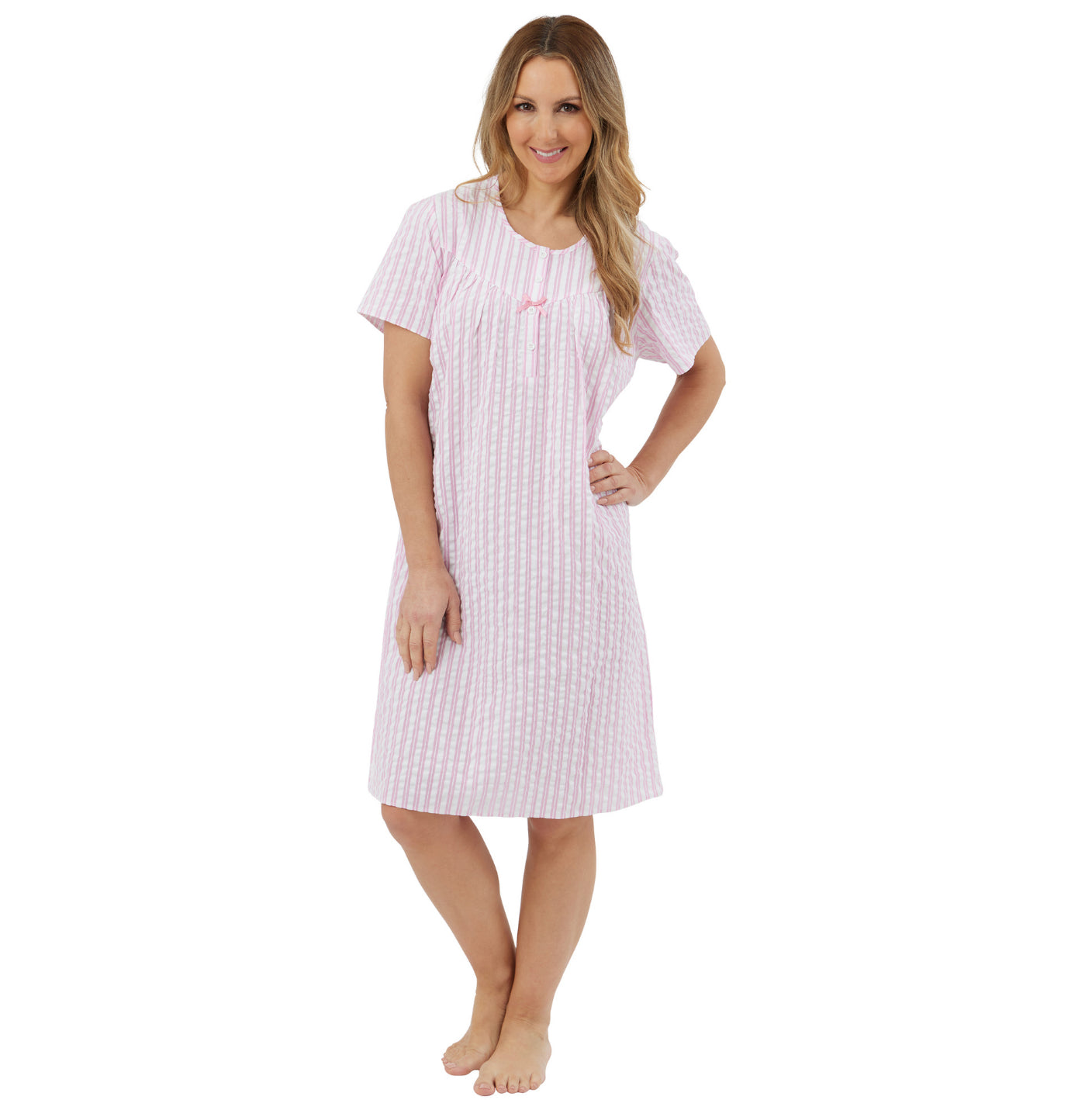 100% Cotton Short Sleeve 40" Seersucker Stripe Nightdress