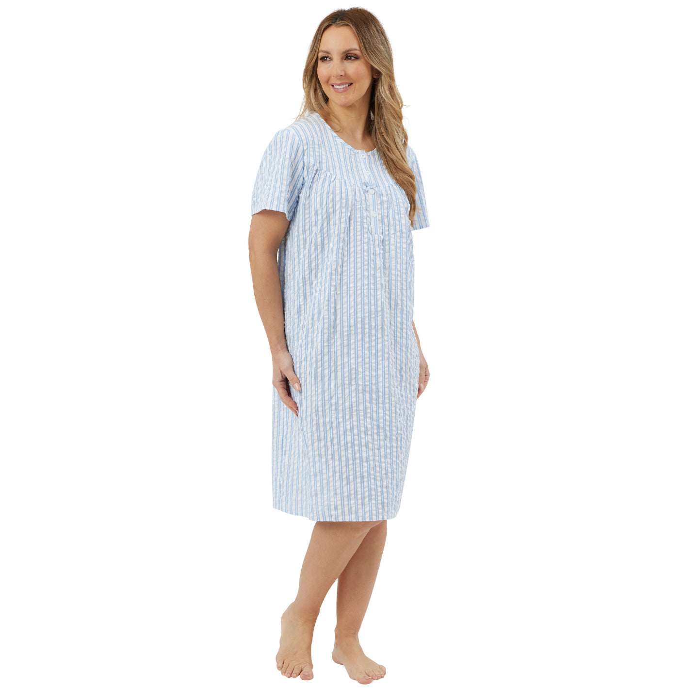 100% Cotton Short Sleeve 40" Seersucker Stripe Nightdress