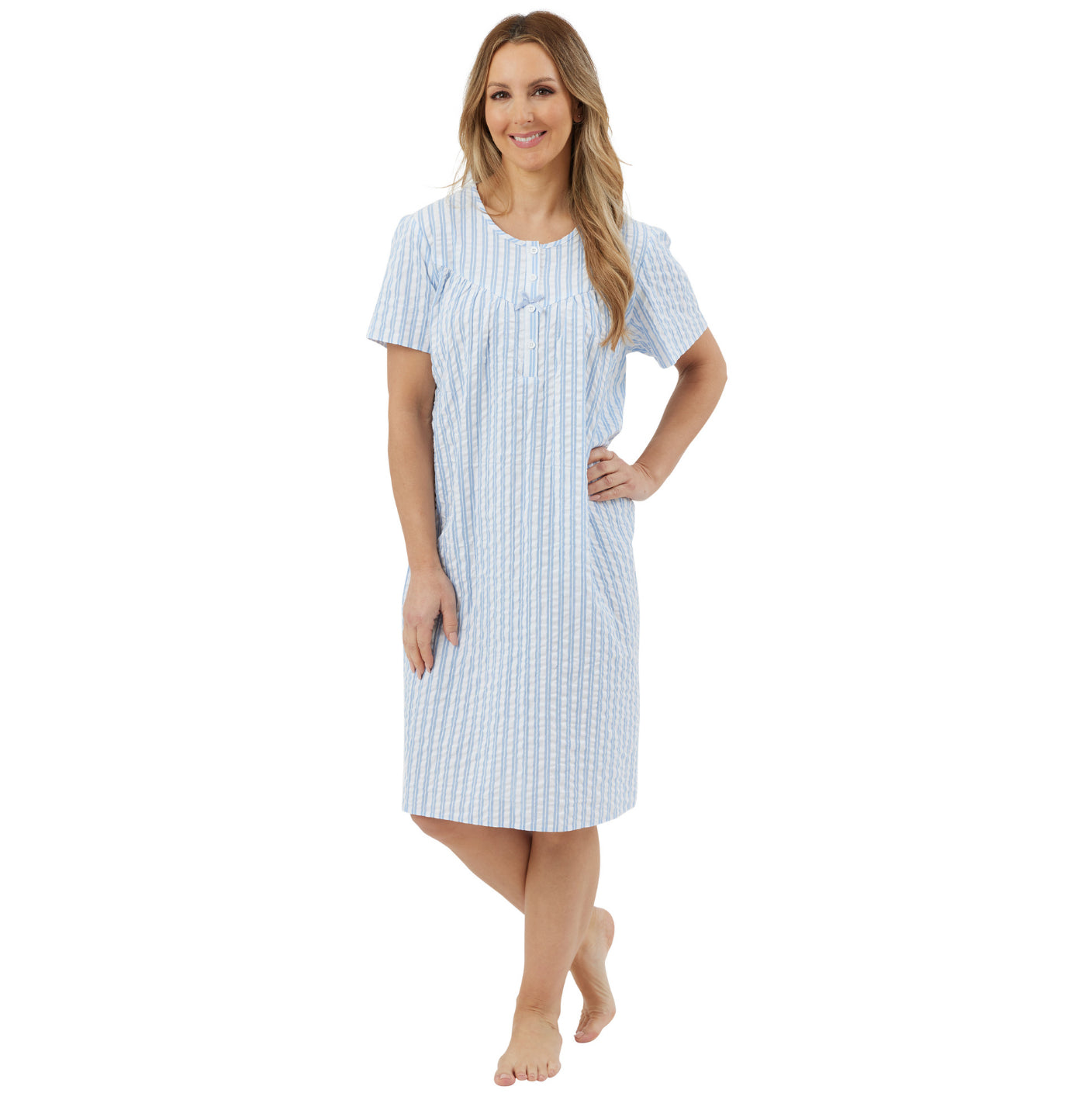 100% Cotton Short Sleeve 40" Seersucker Stripe Nightdress