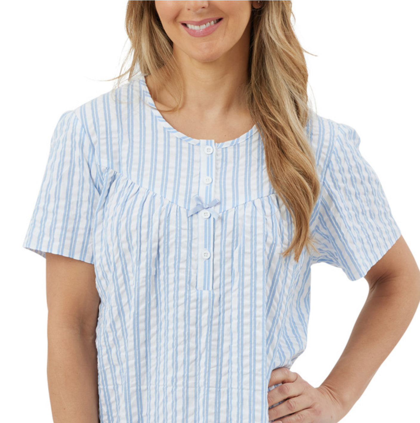 100% Cotton Short Sleeve 40" Seersucker Stripe Nightdress