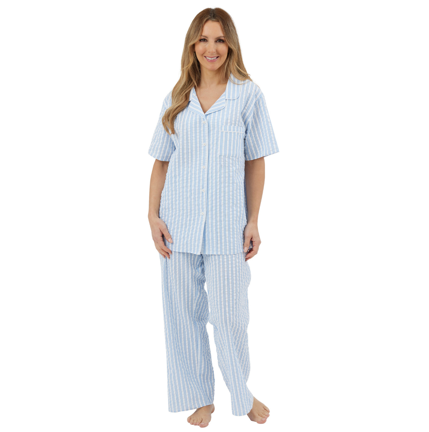 100% Woven Cotton Seersucker Stripe Short Sleeve Pyjamas