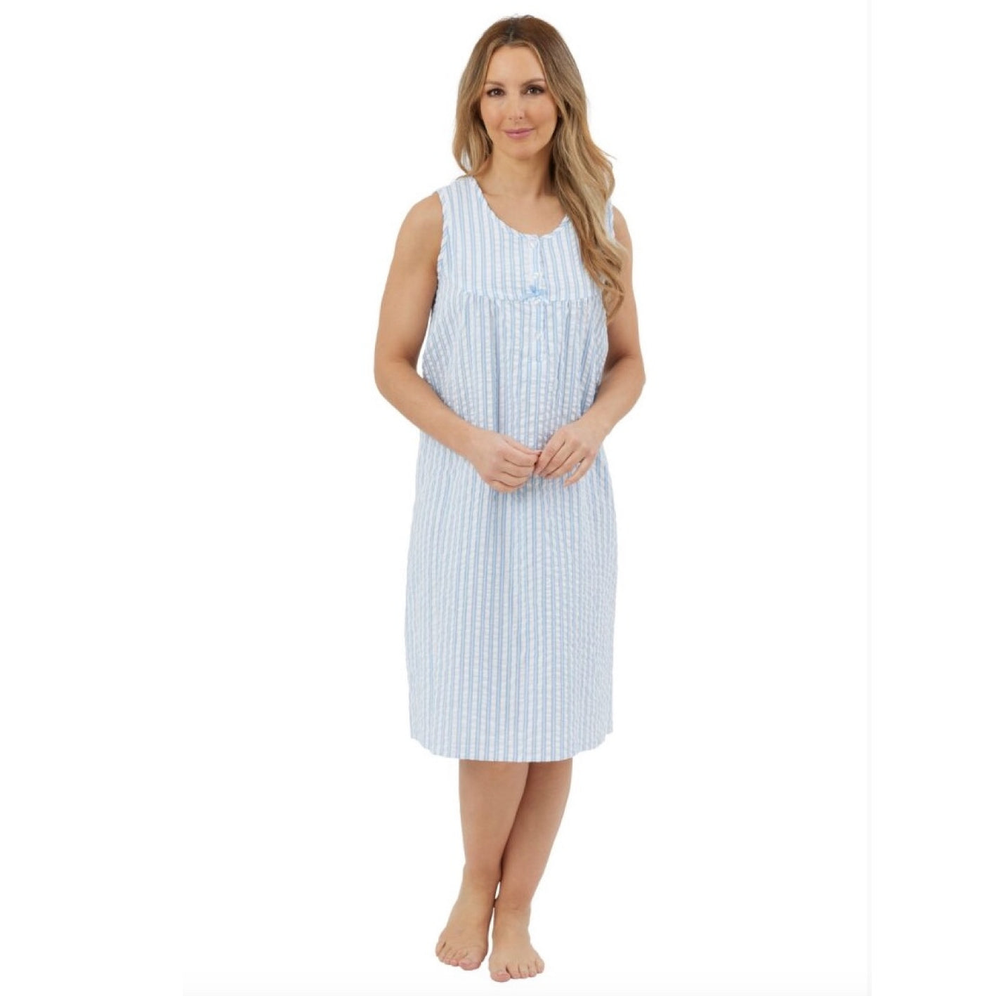 100% Cotton Sleeveless 40" Seersucker Stripe Nightdress