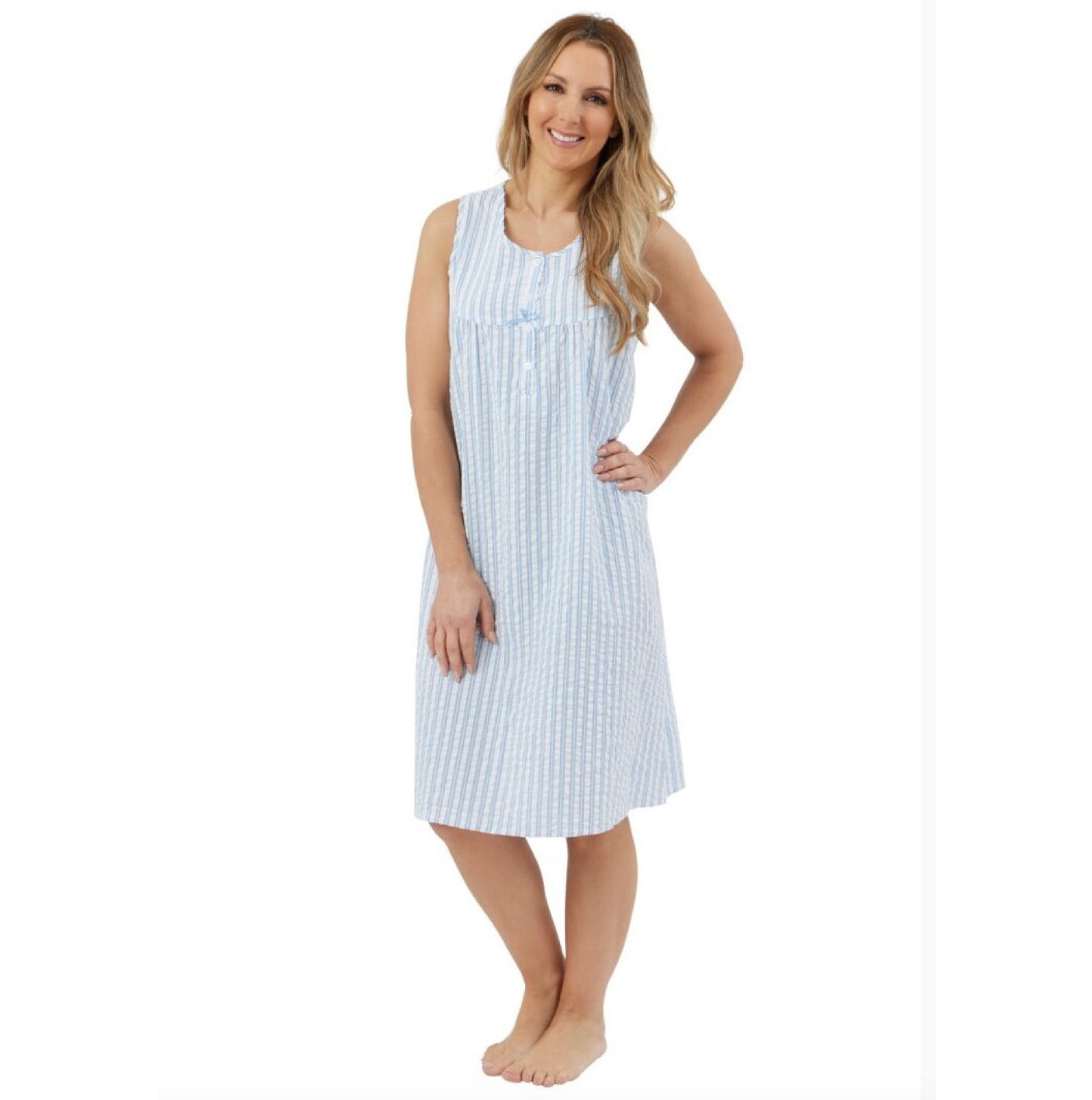 100% Cotton Sleeveless 40" Seersucker Stripe Nightdress