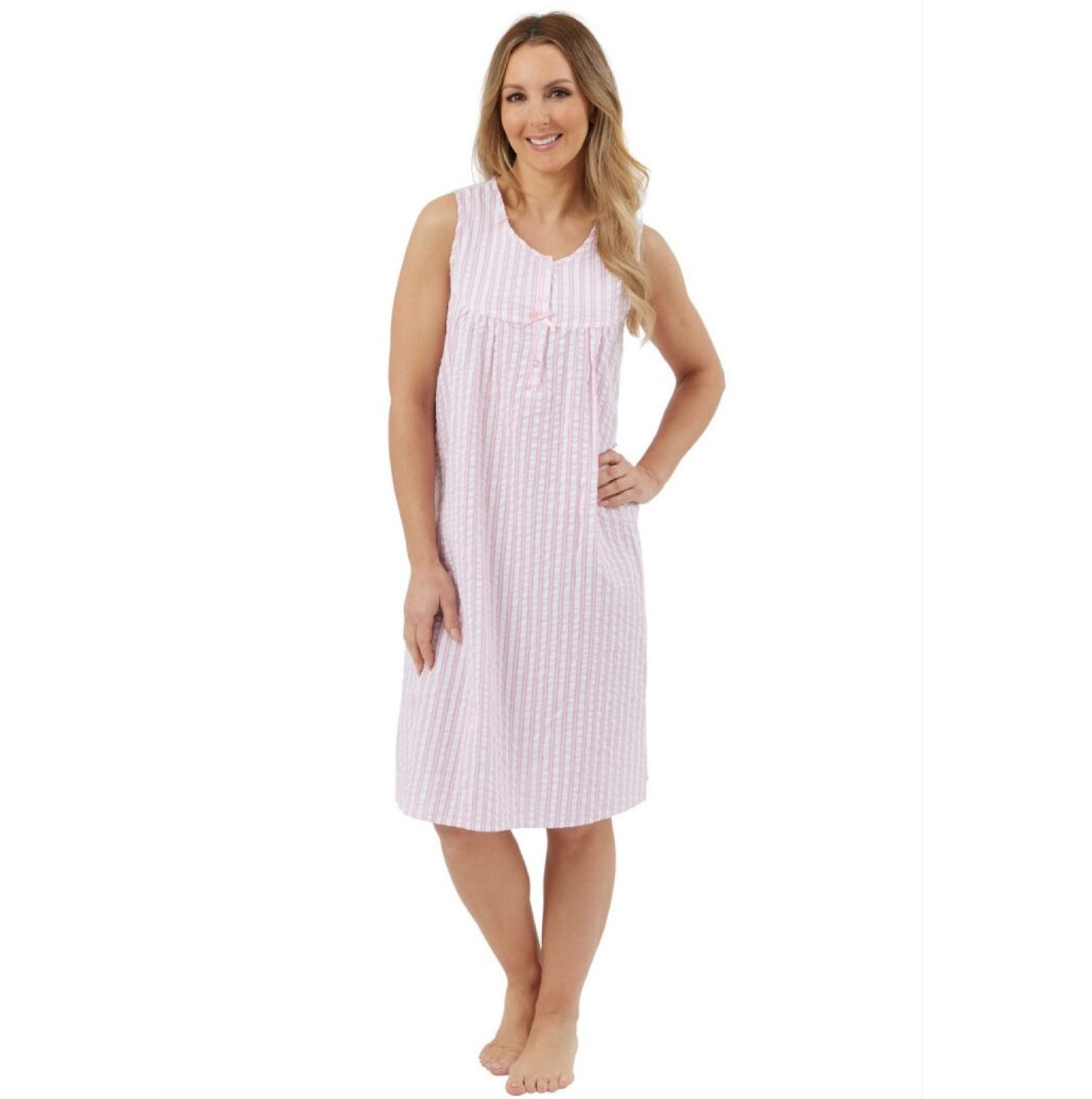 100% Cotton Sleeveless 40" Seersucker Stripe Nightdress