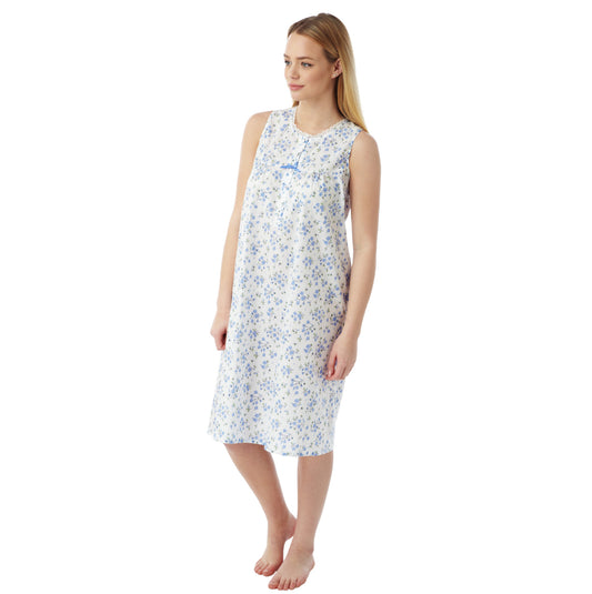 Poly-Cotton Sleeveless Floral Print Nightdress - Blue - 24/26