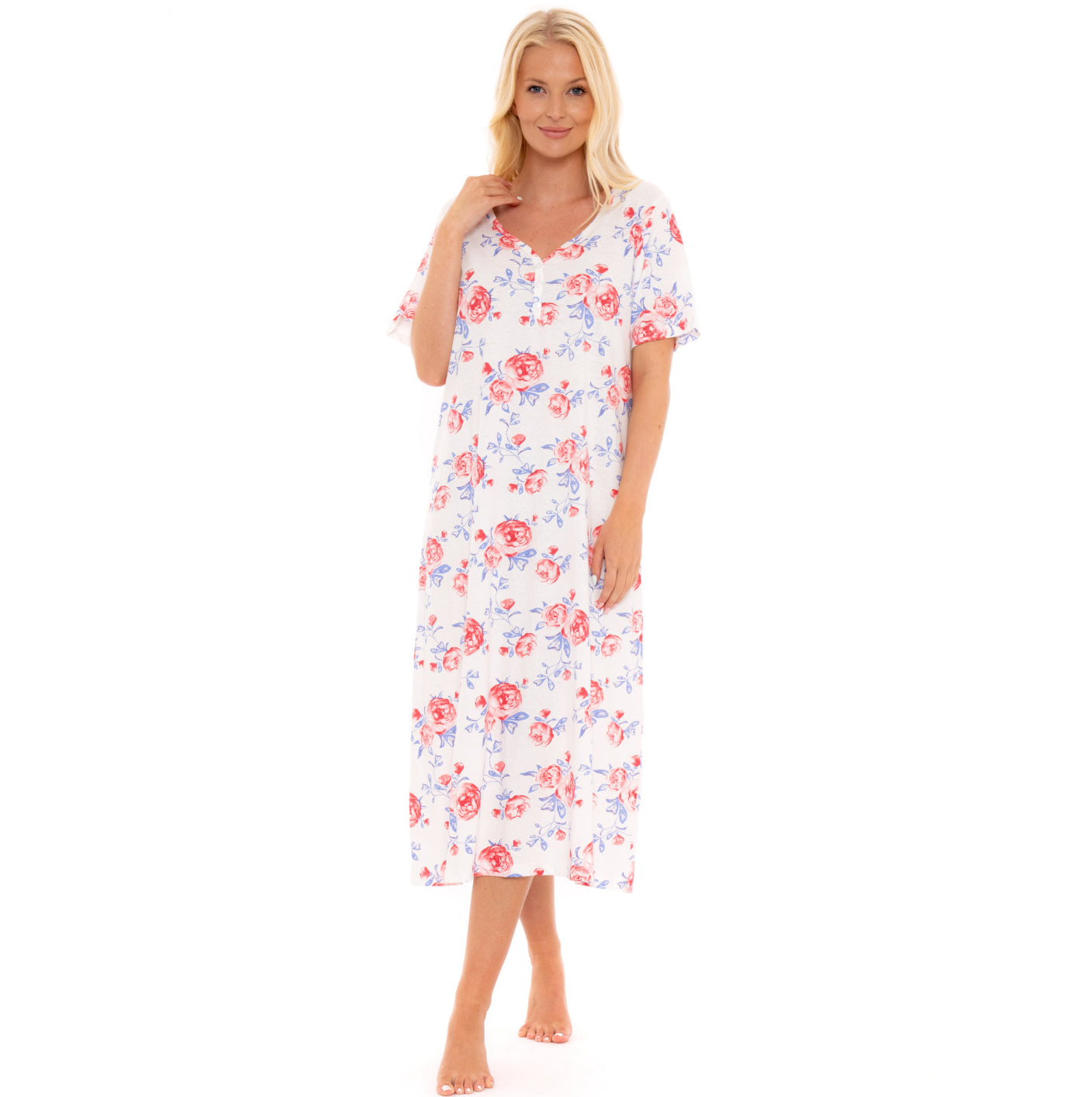 100% Cotton Jersey Short Sleeve Pink Rose Print Nightdress