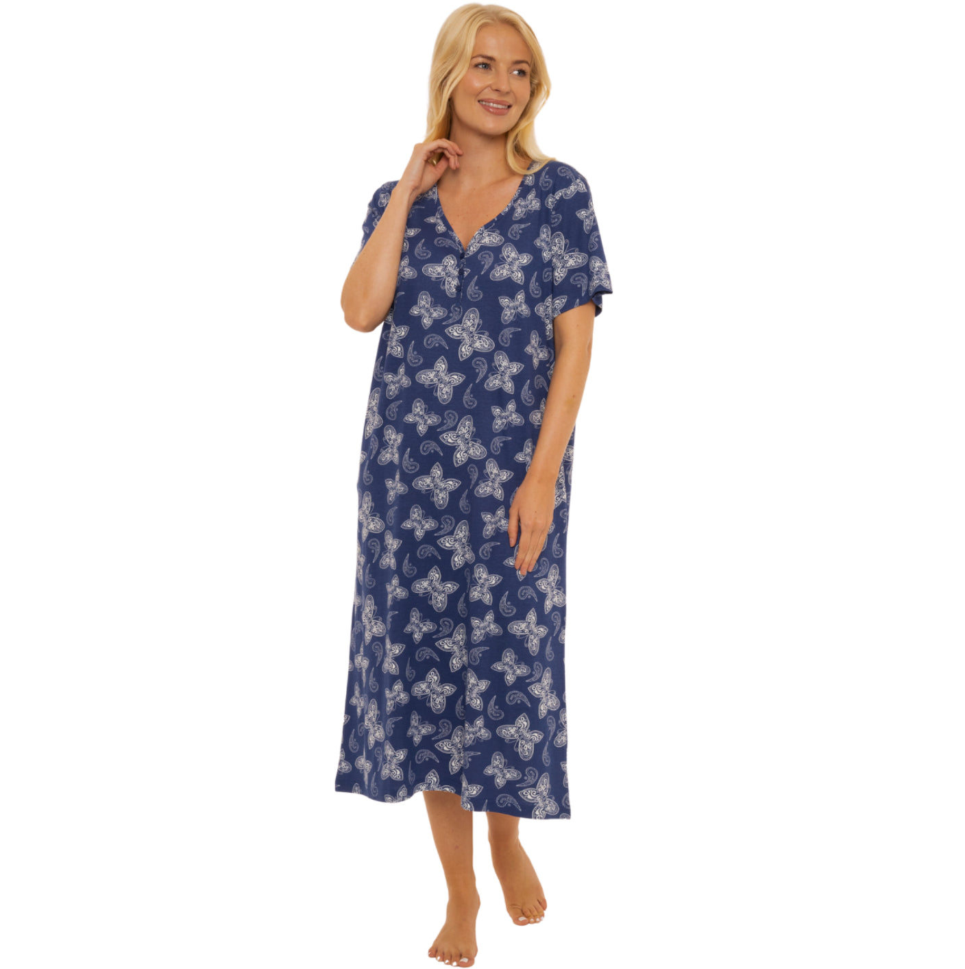 100% Cotton Jersey Short Sleeve Navy Butterfly Print Nightdress