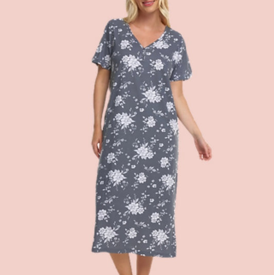 100% Cotton Jersey Short Sleeve Grey Floral Print Nightdress