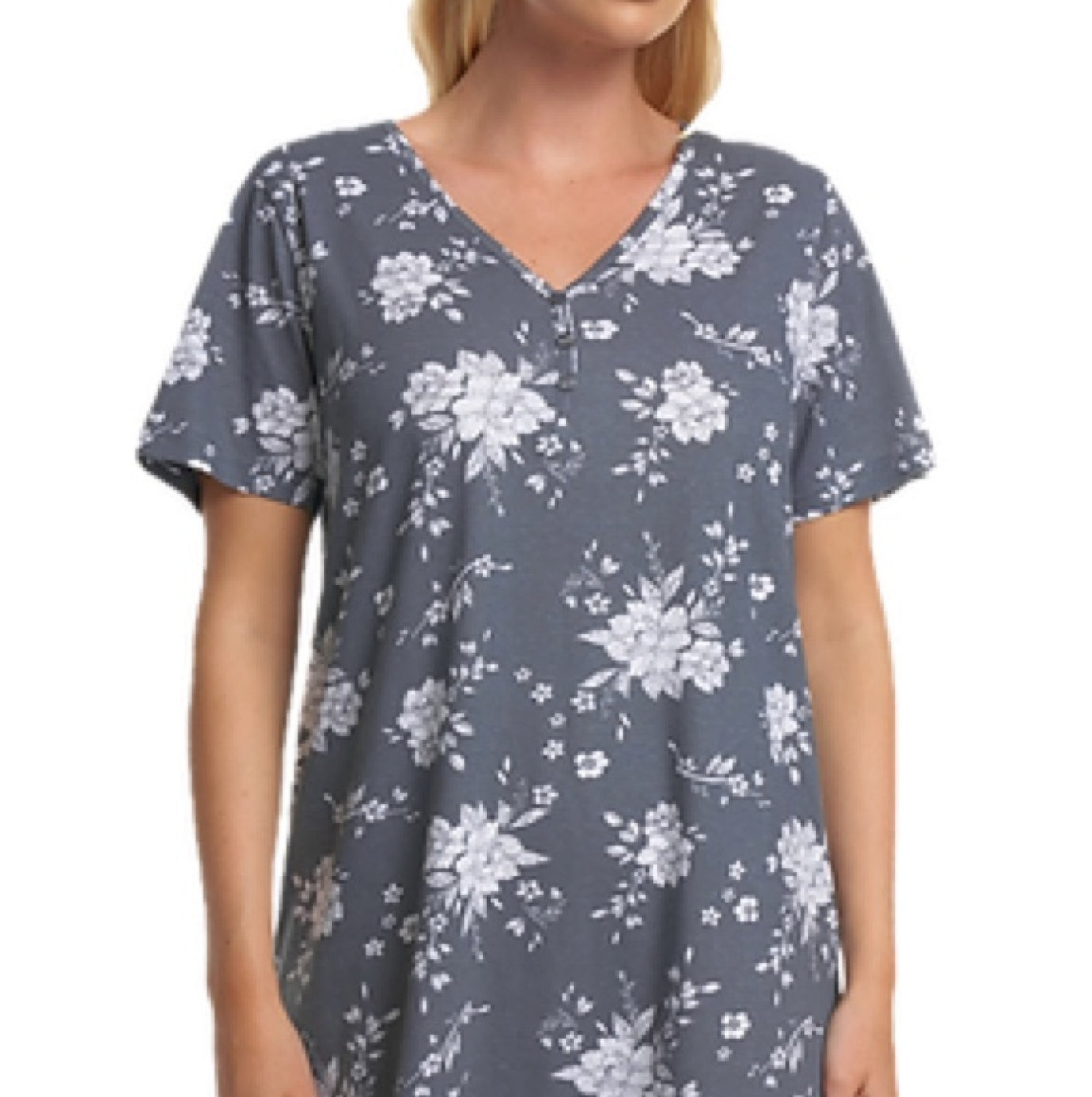 100% Cotton Jersey Short Sleeve Grey Floral Print Nightdress