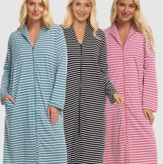 100% Cotton Jersey Zipped Front Stripe Dressing Gown