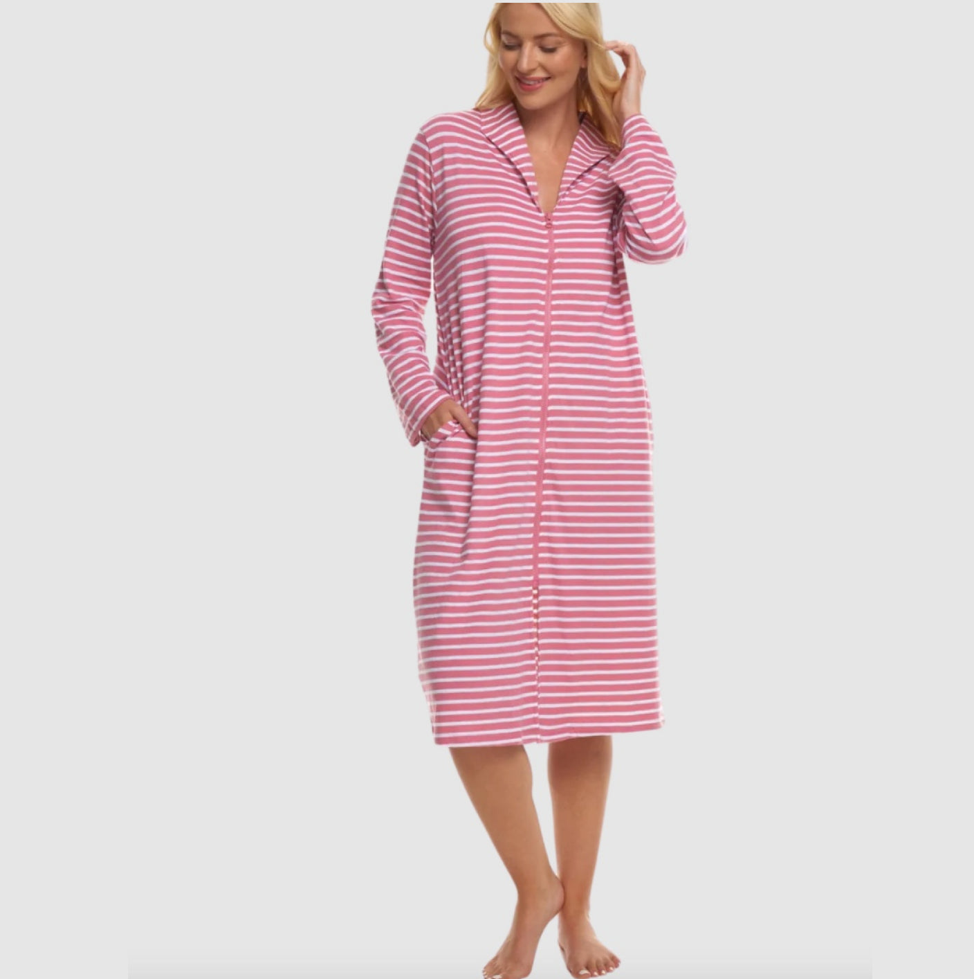 100% Cotton Jersey Zipped Front Stripe Dressing Gown