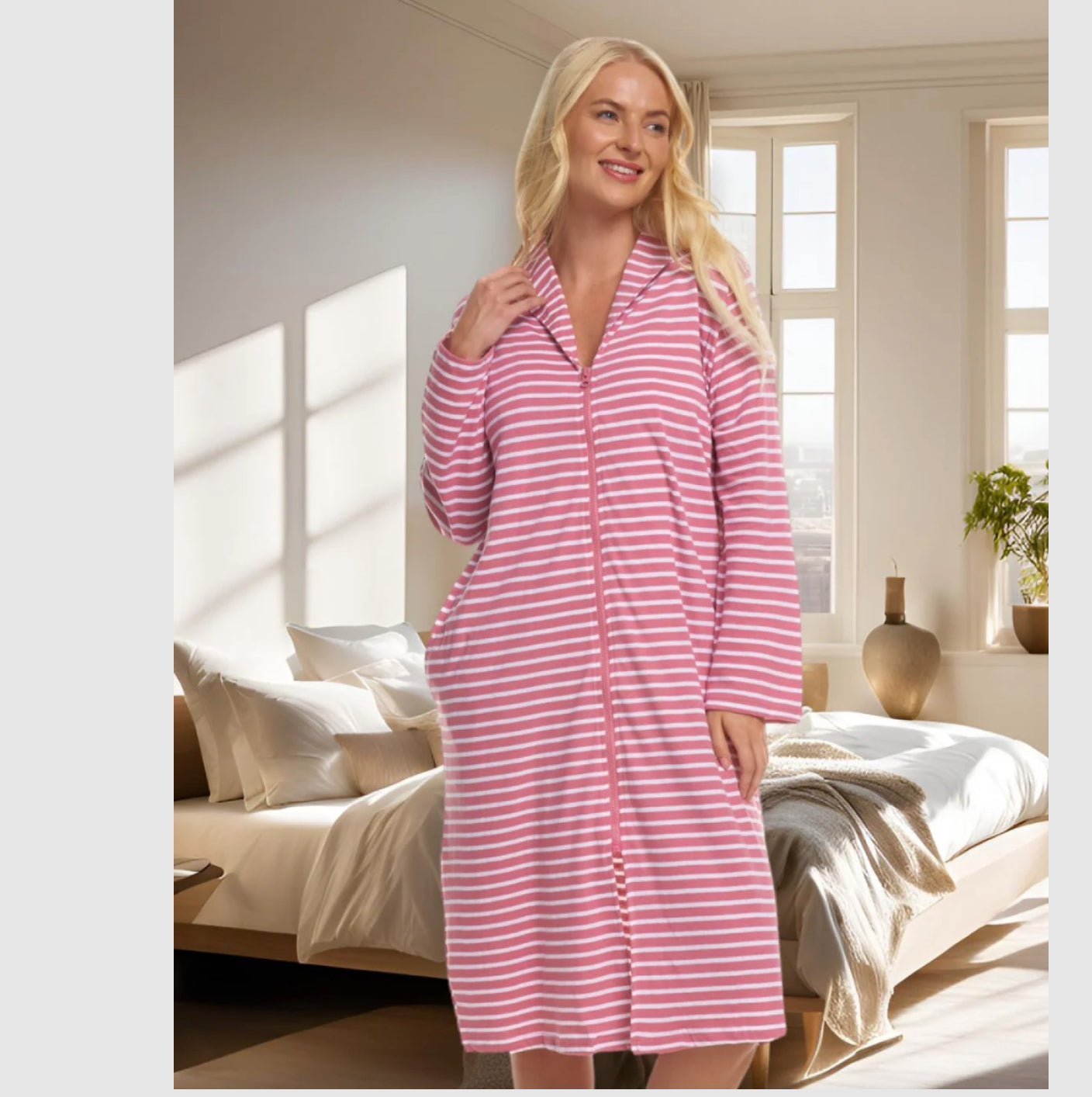 100% Cotton Jersey Zipped Front Stripe Dressing Gown