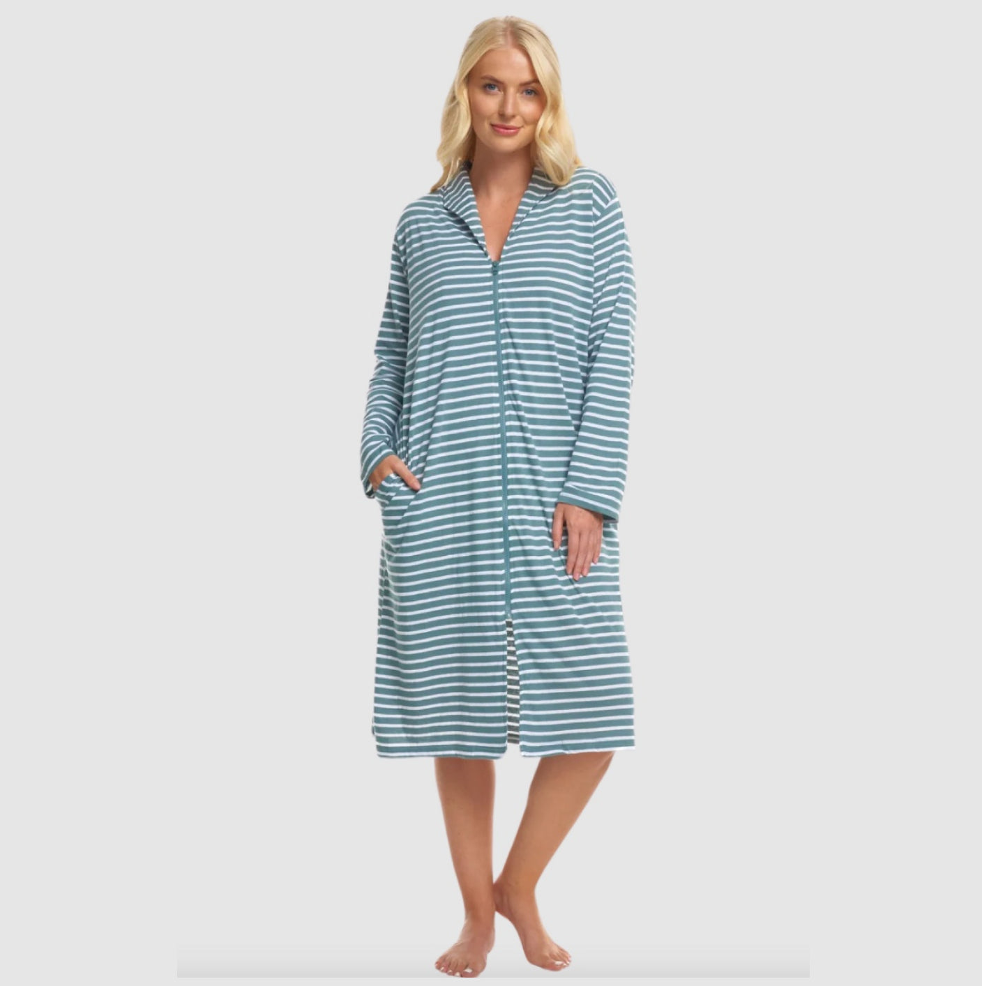 100% Cotton Jersey Zipped Front Stripe Dressing Gown