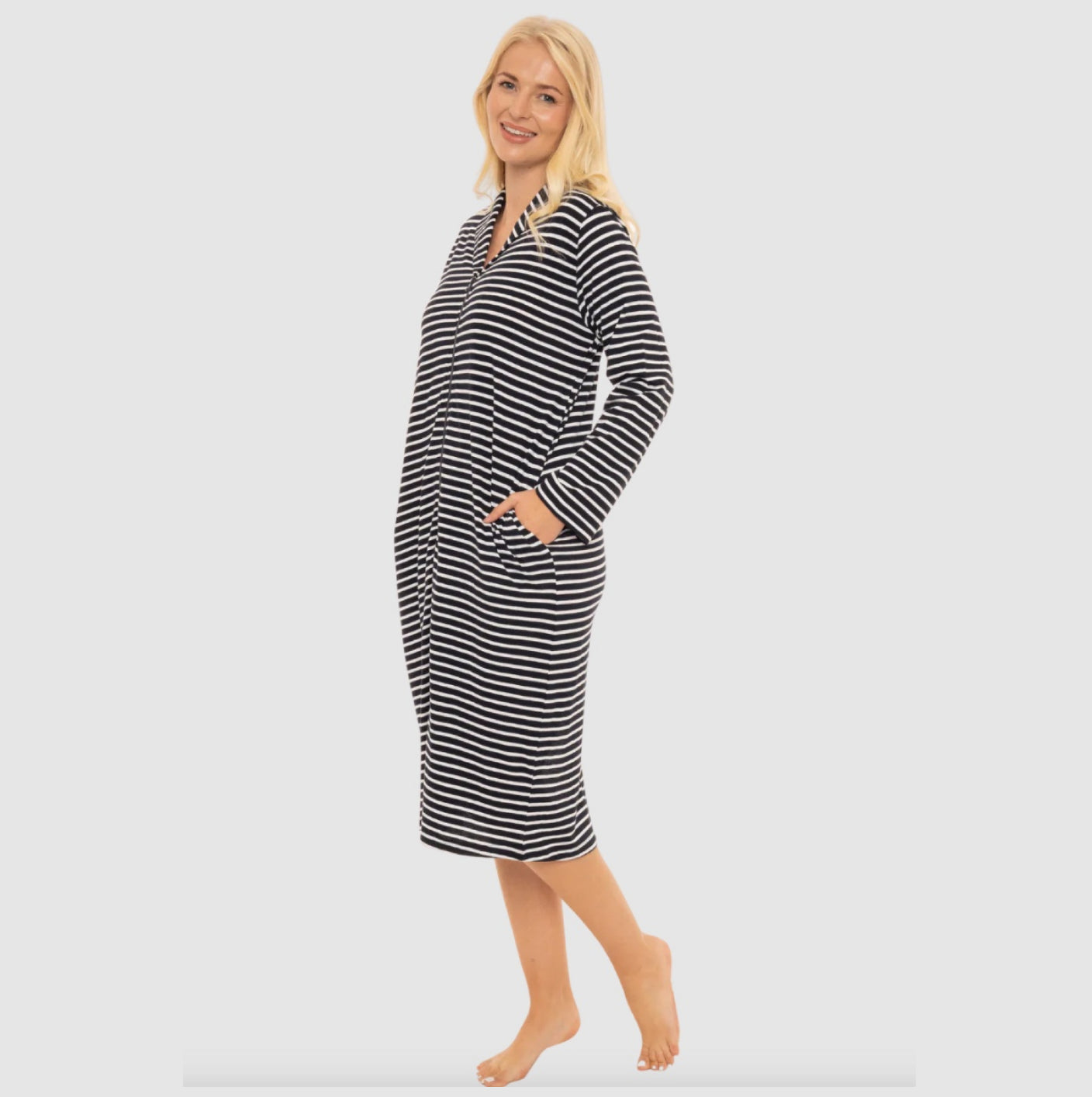 100% Cotton Jersey Zipped Front Stripe Dressing Gown