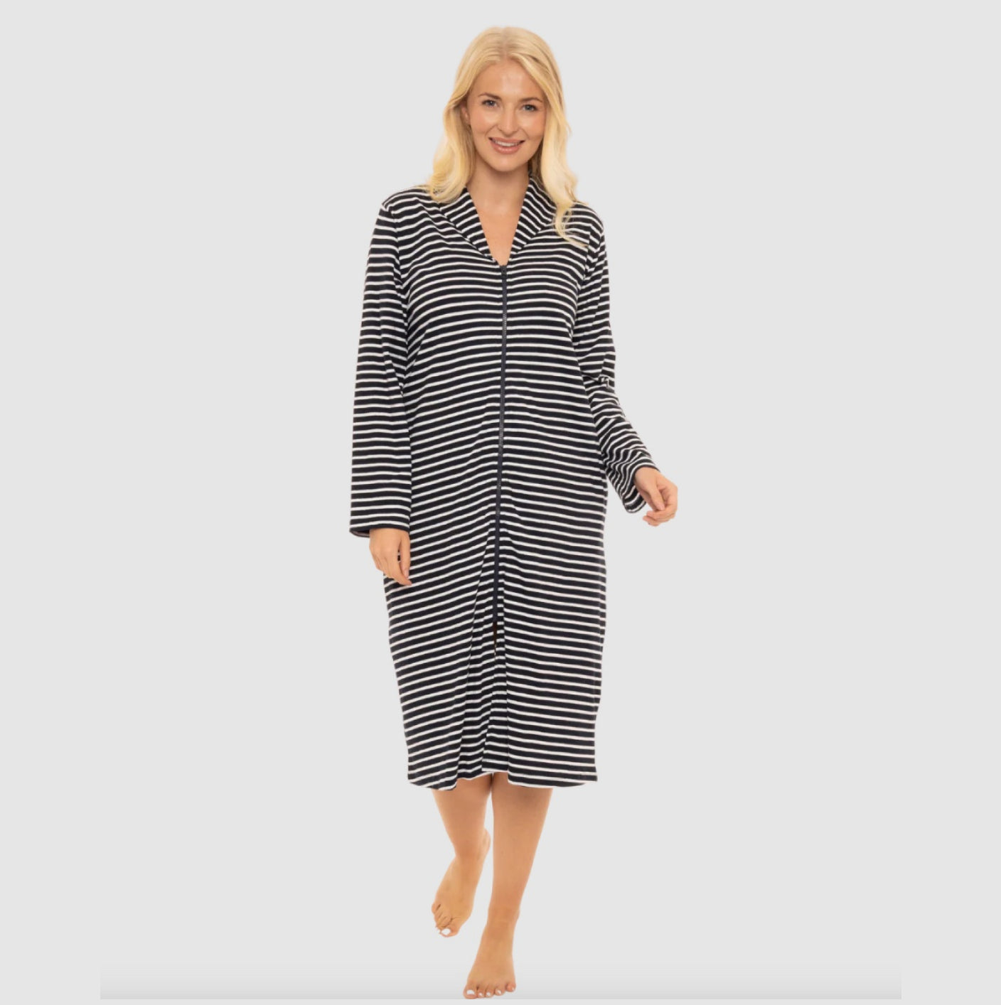 100% Cotton Jersey Zipped Front Stripe Dressing Gown