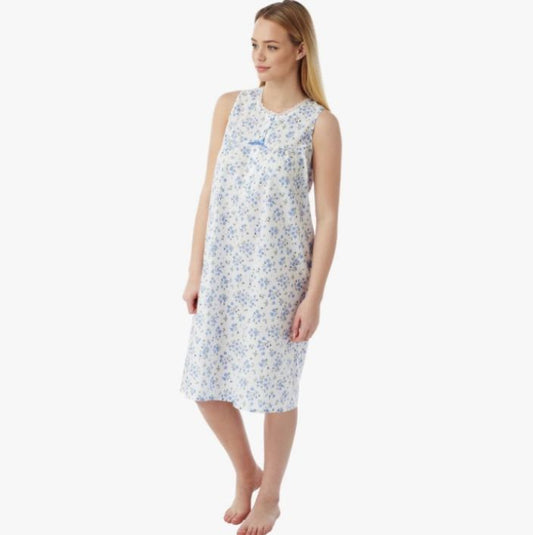 Lightweight Poly-Cotton Sleeveless Floral Nightdress - Blue Sprig - Size 28/30 only