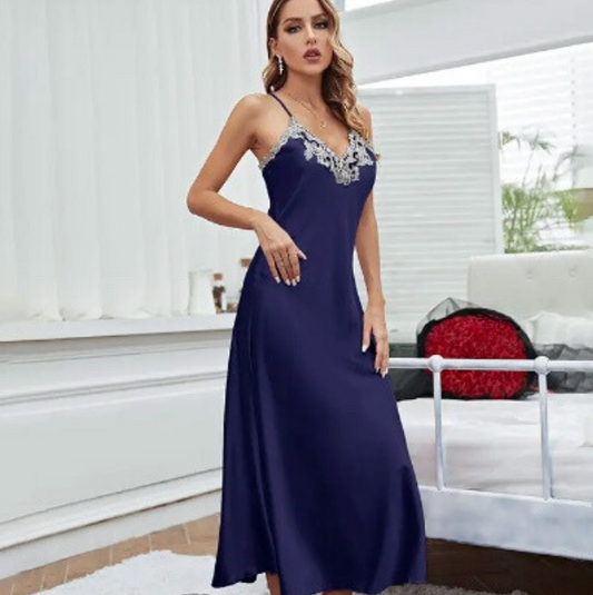 Long Satin Embroidered Spaghetti Strap Chemise Nightdress - 4 Colours