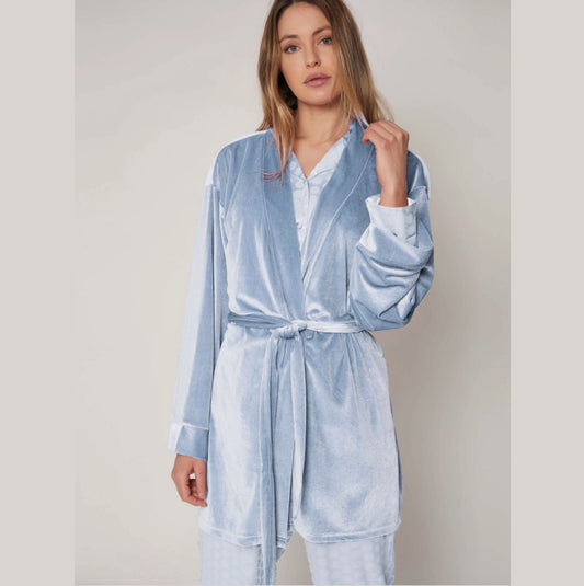 China Blue Velour Dressing Gown / Bedjacket - Pure NightChina Blue Velour Dressing Gown / Bedjacket