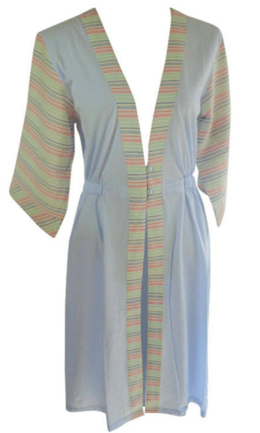 Cotton Blend Jersey with Cotton Stripe Contrast Housecoat - Blue or Pink - Pure NightCotton Blend Jersey with Cotton Stripe Contrast Housecoat - Blue or Pink