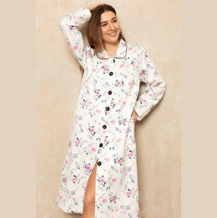 English Rose QUILTED 100% Cotton Button Robe - Pure NightEnglish Rose QUILTED 100% Cotton Button Robe