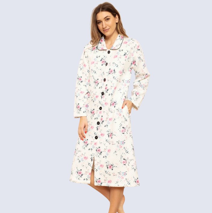 English Rose QUILTED 100% Cotton Button Robe - Pure NightEnglish Rose QUILTED 100% Cotton Button Robe