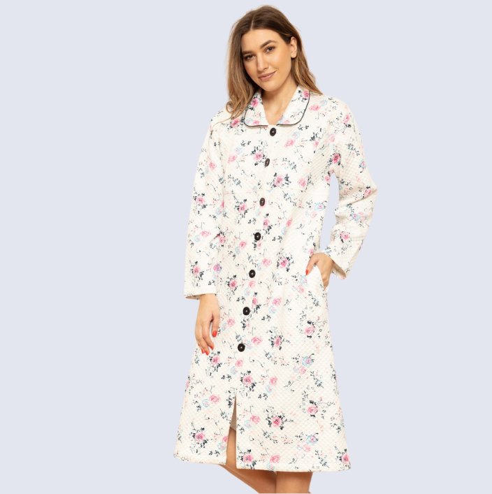 English Rose QUILTED 100% Cotton Button Robe - Pure NightEnglish Rose QUILTED 100% Cotton Button Robe