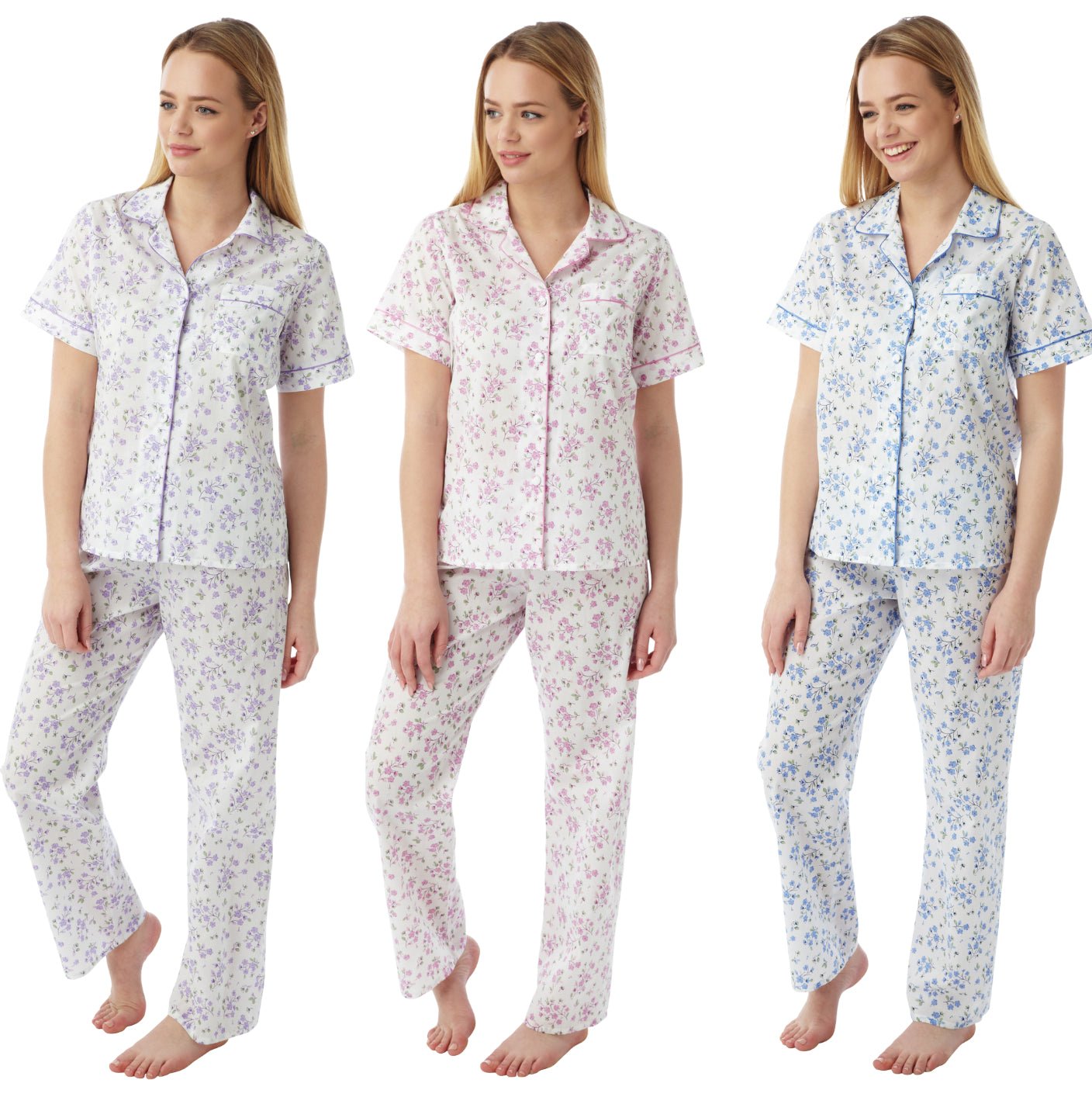 Floral Poly Cotton Short Sleeve Pyjamas - 10 to 30 - 3 Colours - Pure NightFloral Poly Cotton Short Sleeve Pyjamas - 10 to 30 - 3 Colours