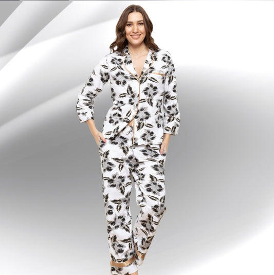 Hibiscus Brushed 100% Cotton Pyjama Set - Pure NightHibiscus Brushed 100% Cotton Pyjama Set