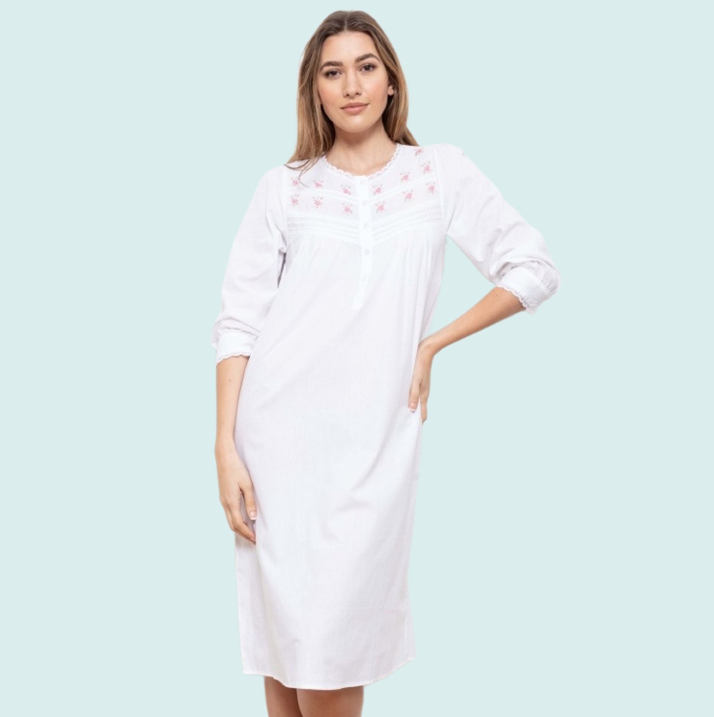 Honor 3/4 Sleeve 100% Cotton Lawn Nightdress - Pure NightHonor 3/4 Sleeve 100% Cotton Lawn Nightdress