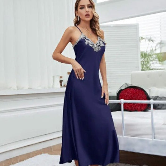 Long Satin Embroidered Spaghetti Strap Chemise Nightdress - 4 Colours - Pure NightLong Satin Embroidered Spaghetti Strap Chemise Nightdress - 4 Colours