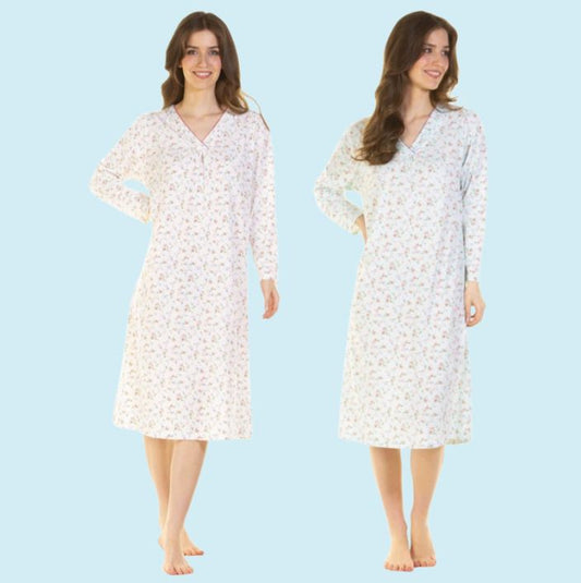 Pleated Susan Cotton Rich Long Sleeve Nightdress - Ivory or Aqua - Pure NightPleated Susan Cotton Rich Long Sleeve Nightdress - Ivory or Aqua