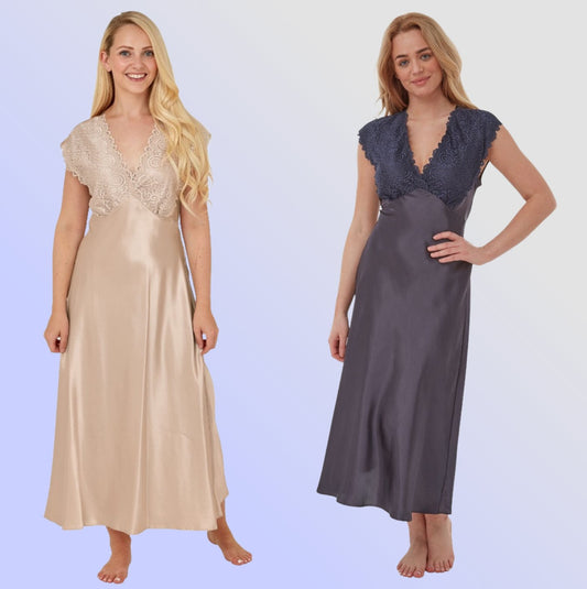 Satin and Lace Nightdress - Slate or Almond - Pure NightSatin and Lace Nightdress - Slate or Almond