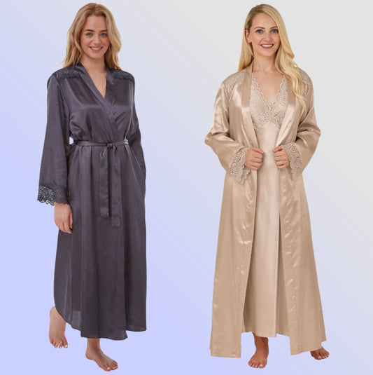 Satin and Lace Robe - Slate 14/16 ONLY - Pure NightSatin and Lace Robe - Slate 14/16 ONLY