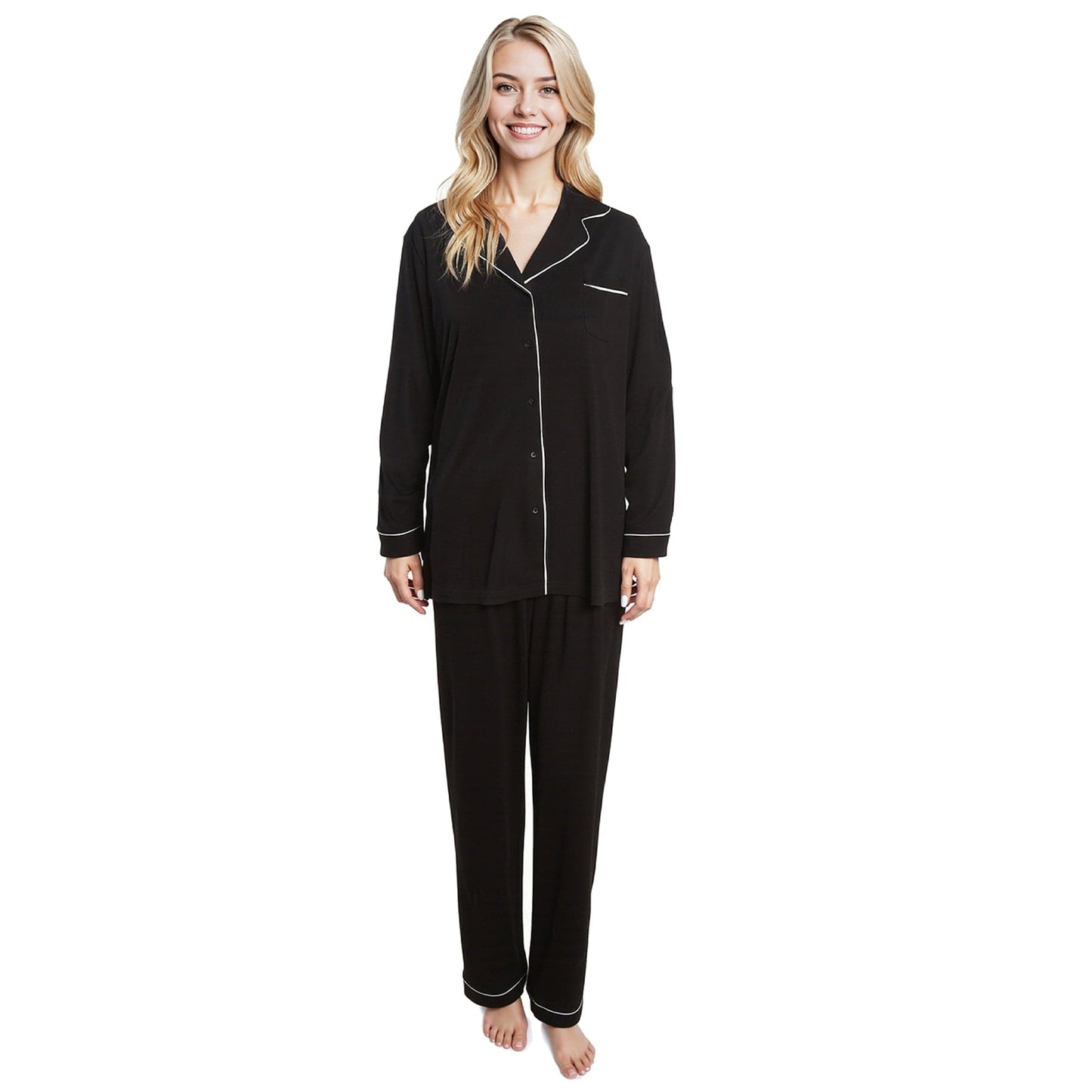 Women's Black Pyjama Set Soft Touch Long Sleeve Button-Up Top & Bottoms Two-Piece Nightwear by Daisy Dreamer