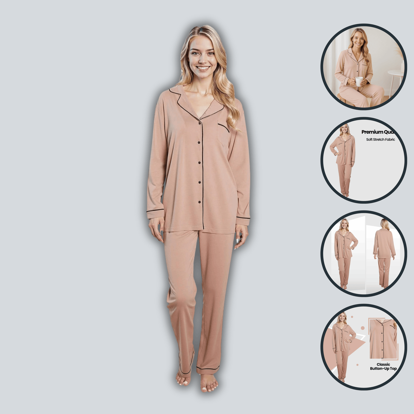 Women's Natural Pyjama Set Soft Touch Long Sleeve Button-Up Top & Bottoms Two-Piece Nightwear by Daisy Dreamer