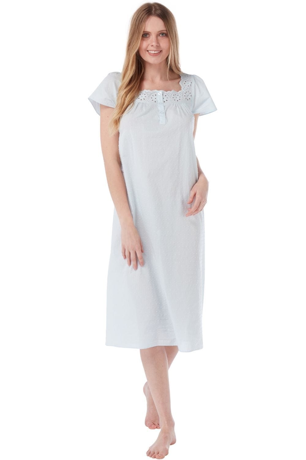 Woven Cotton Dobby Spot Short Sleeve with Broderie Anglaise Neckline Nightdress - Pure NightWoven Cotton Dobby Spot Short Sleeve with Broderie Anglaise Neckline Nightdress