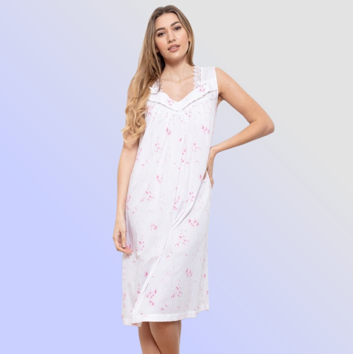 Yasmina 100% Cotton Sleeveless Floral Print Nightdress - Pure NightYasmina 100% Cotton Sleeveless Floral Print Nightdress