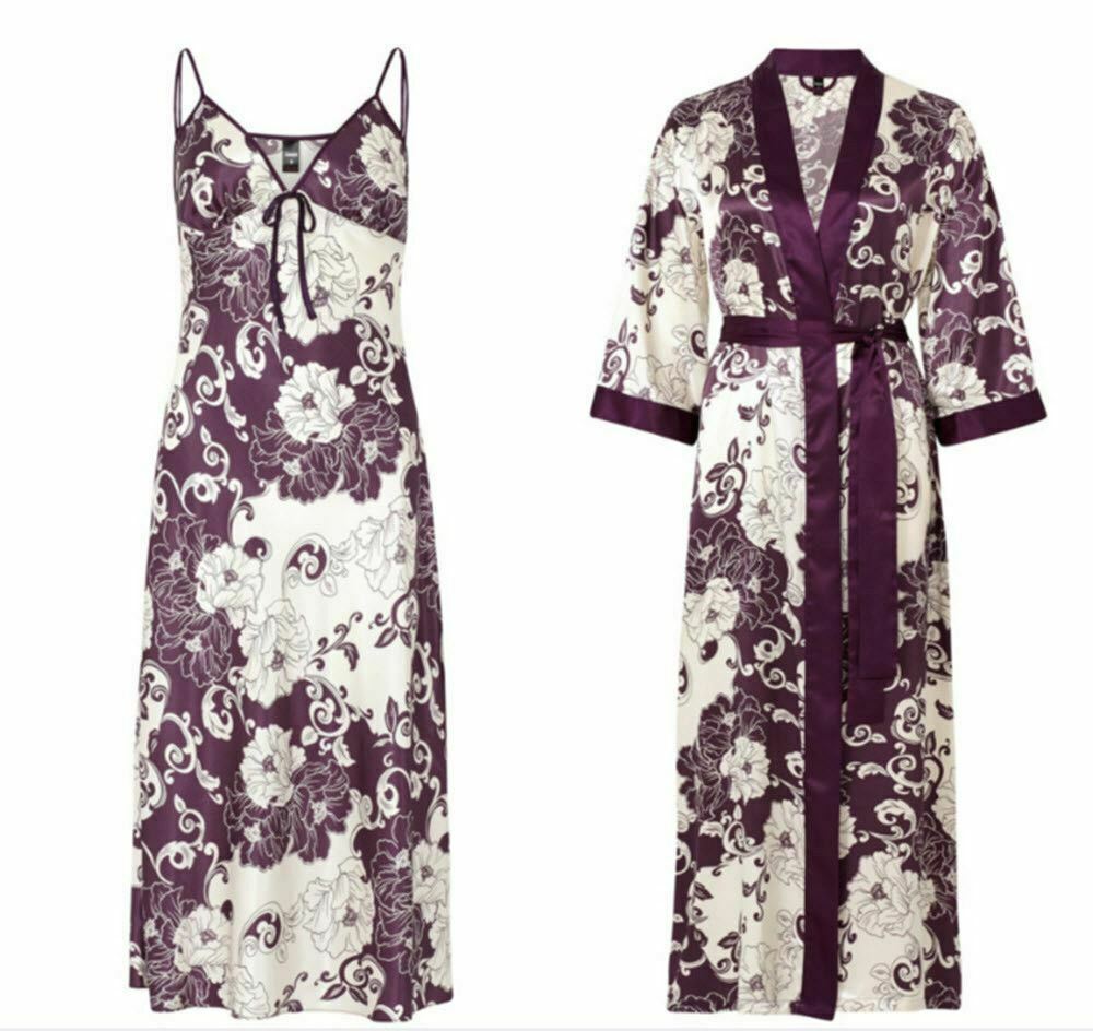 Gaspe Purple Oriental Print Satin Nightdress & Wrap Set  8/10