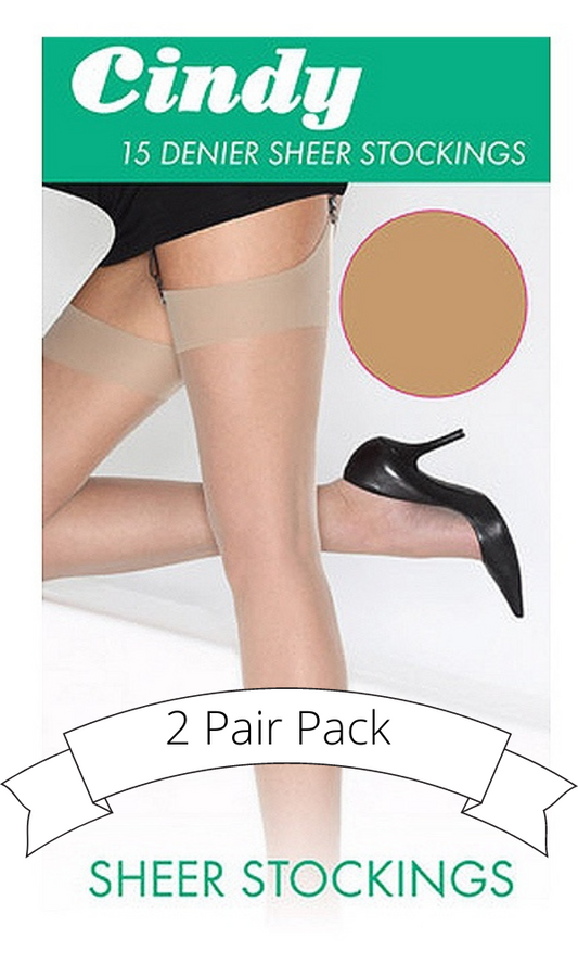 2 Pairs Cindy 15 Denier Sheer Stockings - One Size - 8 Colours