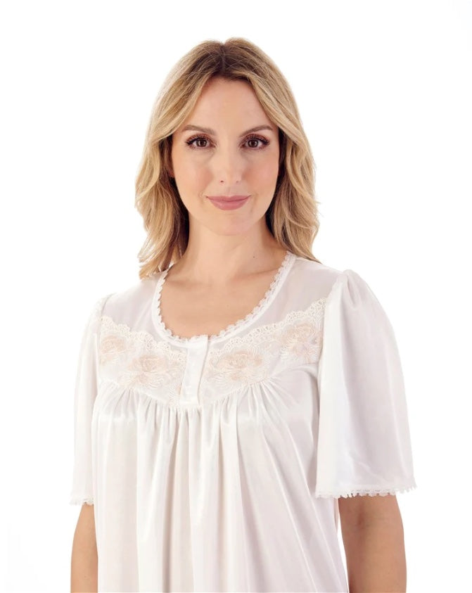 45" Knitted Satin Short Sleeve Embroidered Trim Nightdress