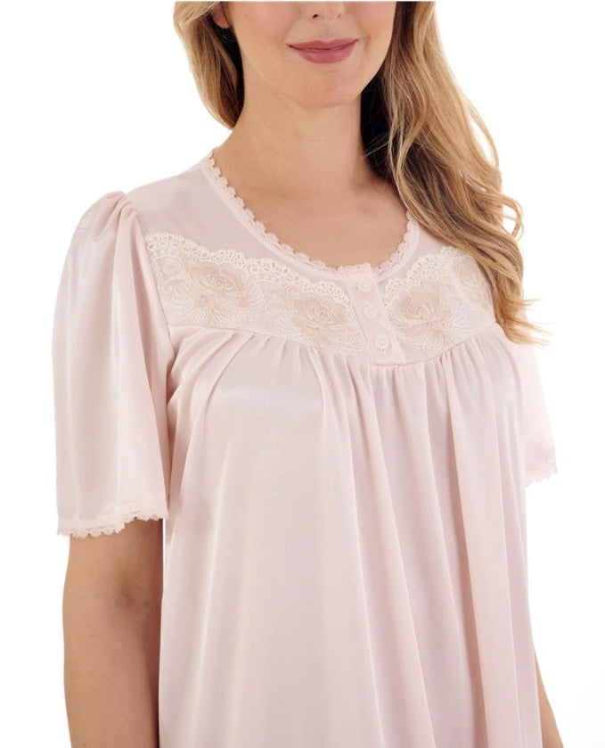 45" Knitted Satin Short Sleeve Embroidered Trim Nightdress