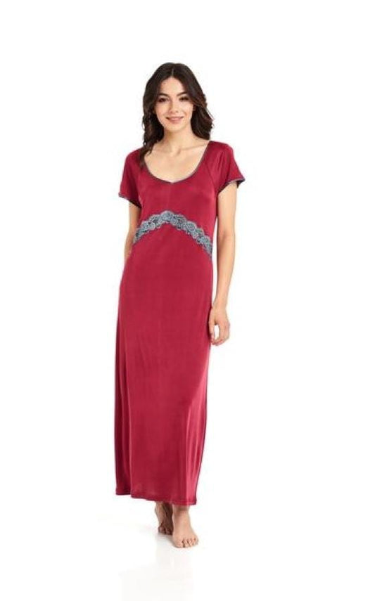 Gattina Nightdress Silk Blend Satin Edged Silky Jersey Nightdress - Ruby - 10  to 22