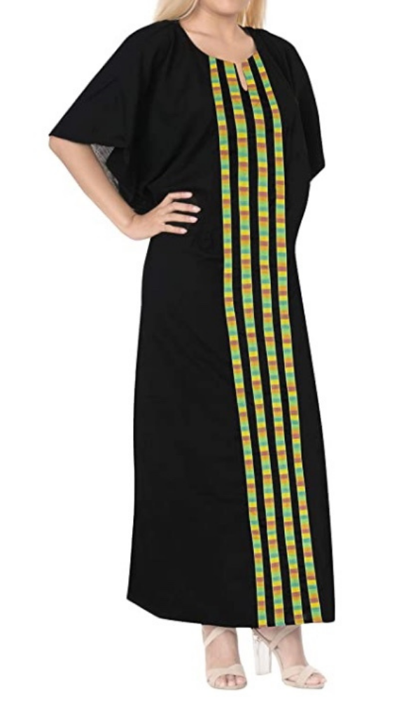 La Leela Nightgowns Lightweight Black Front Stripe Kaftan XL/2XL