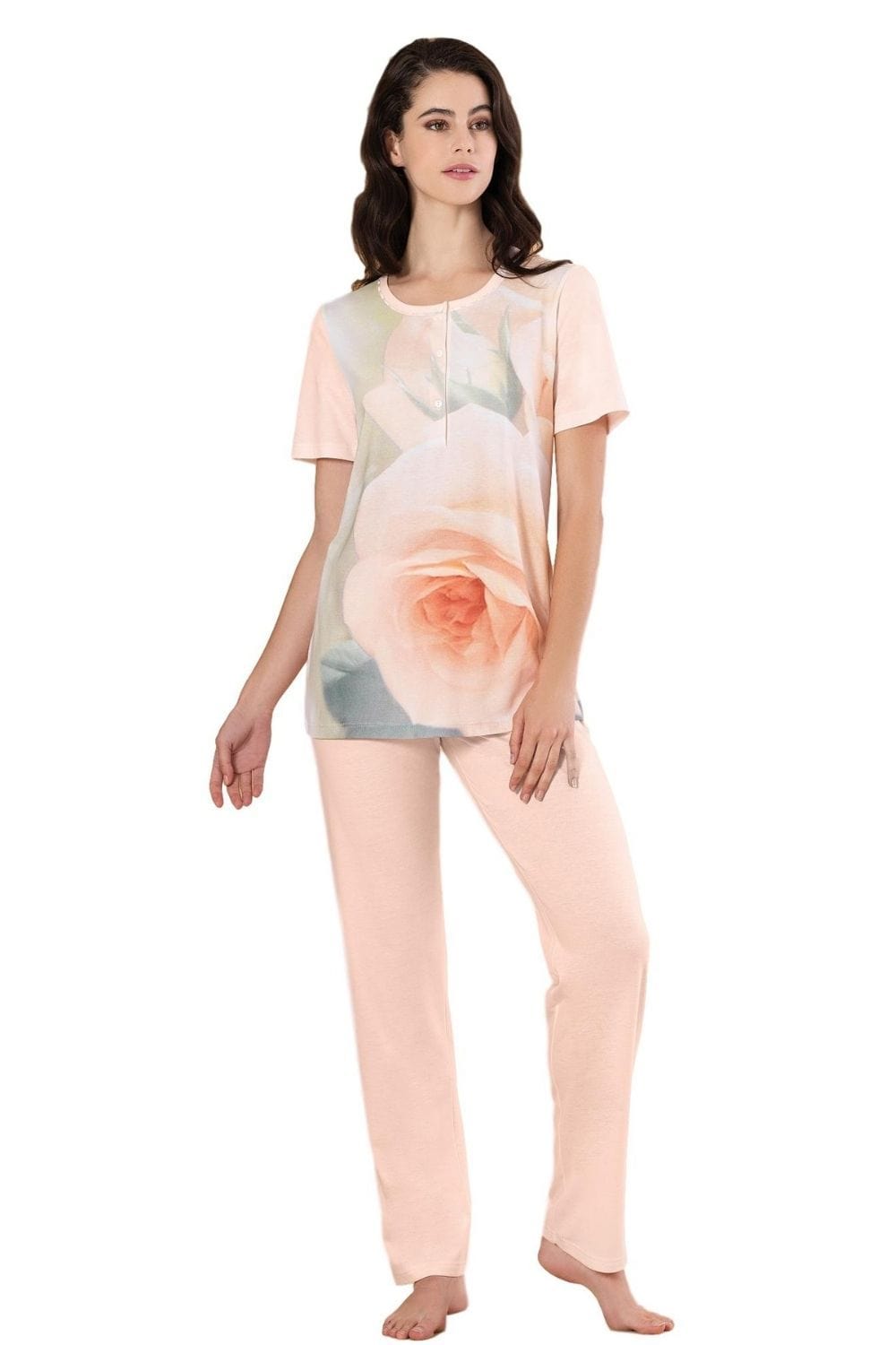 Linclalor Pyjamas 100% Cotton Floral Print Pyjamas - Peach or Blue - 10 to 26