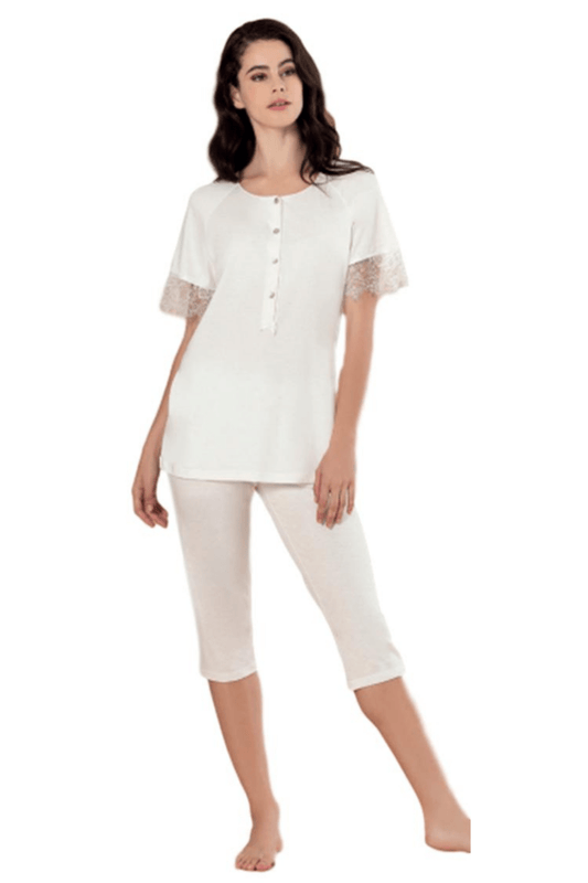 Linclalor Pyjamas 100% Cotton Lace Edged Cropped Leg Pyjamas - Cream & Pink - 10 to 26