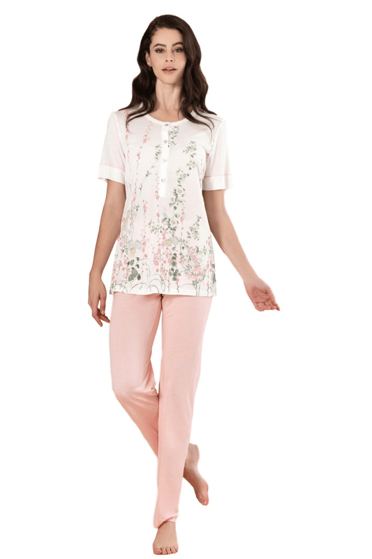 Linclalor Pyjamas 100% Modal Floral Print Pyjamas - Peach or Green - 10 to 20