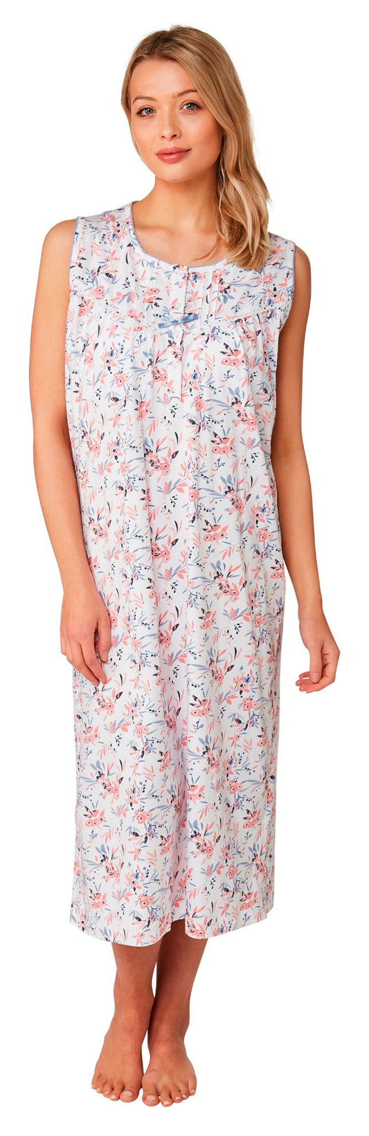 100% Cotton Jersey Sleeveless Print Nightdress - Coral - 8/10